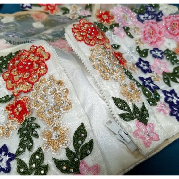 Xscape Floral Embellished Zip Up Crop Top Sz‎ 4 Formal Colorful Dainty Cropped - Picture 7 of 9